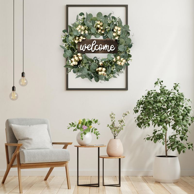 Green Artificial Eucalyptus Wreath with Welcome Sign Spring Summer Wreath with White Berries for Front Door