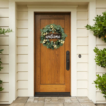 Green Artificial Eucalyptus Wreath with Welcome Sign Spring Summer Wreath with White Berries for Front Door