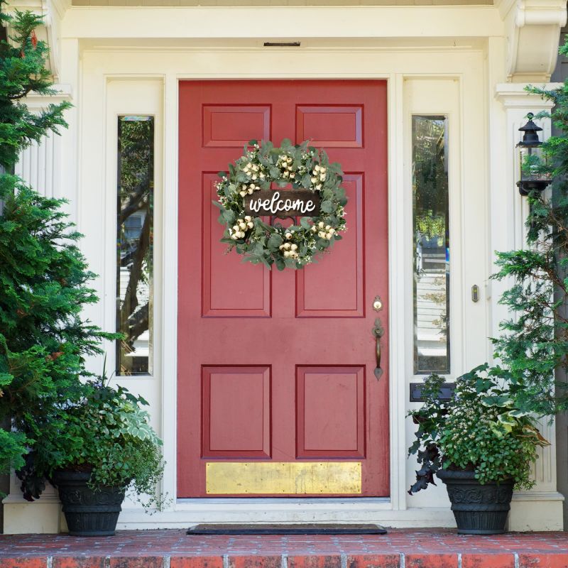 Green Artificial Eucalyptus Wreath with Welcome Sign Spring Summer Wreath with White Berries for Front Door