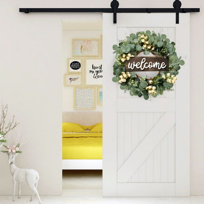 Green Artificial Eucalyptus Wreath with Welcome Sign Spring Summer Wreath with White Berries for Front Door