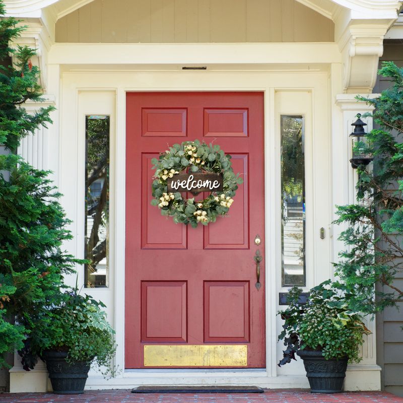 Green Artificial Eucalyptus Wreath with Welcome Sign Spring Summer Wreath with White Berries for Front Door