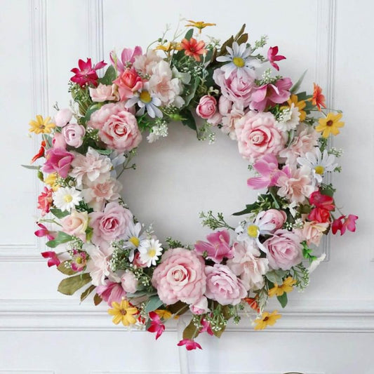 Artificial Pink Rose Wreath Front Door Wreath for Wall Wedding Party Home Decor (Pink)