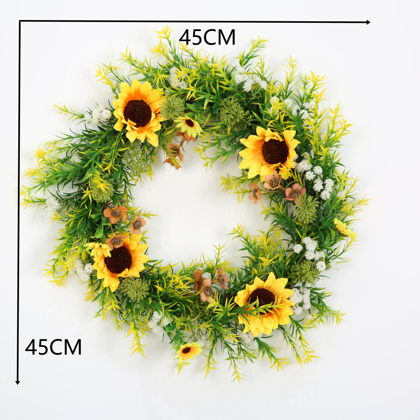 Artificial Sunflower Wreath Flower Wreath with Yellow Sunflower and Green Leaves for Front Door Indoor Wall Décor