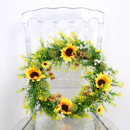 Artificial Sunflower Wreath Flower Wreath with Yellow Sunflower and Green Leaves for Front Door Indoor Wall Décor