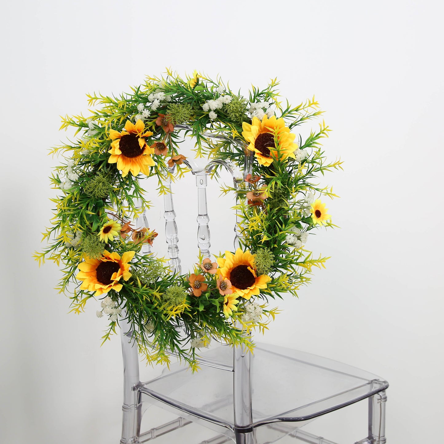 Artificial Sunflower Wreath Flower Wreath with Yellow Sunflower and Green Leaves for Front Door Indoor Wall Décor