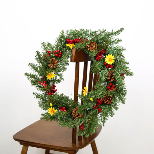 Christmas Wreath for Front Door Artificial Door Wreath with Daisies and Red Berries Pine Needle