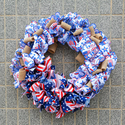 July 4th Wreath Patriotic Americana Wreath Handcrafted Memorial Day Wreath Festival Garland Decoration Front Door Wall Home Decor (Blue)