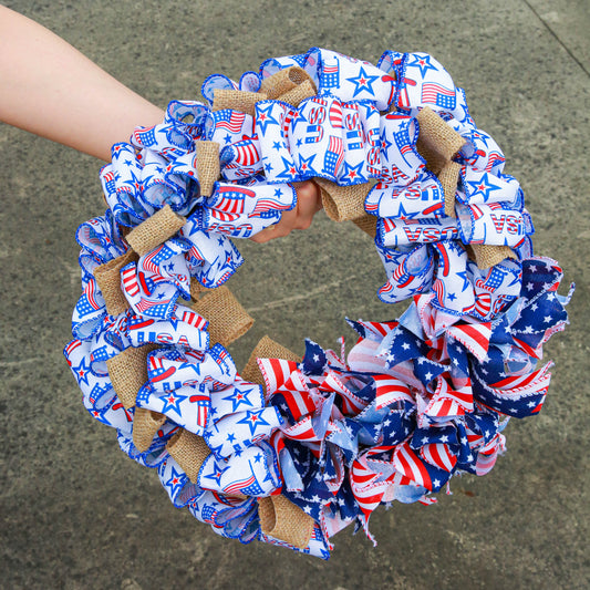July 4th Wreath Patriotic Americana Wreath Handcrafted Memorial Day Wreath Festival Garland Decoration Front Door Wall Home Decor (Blue)