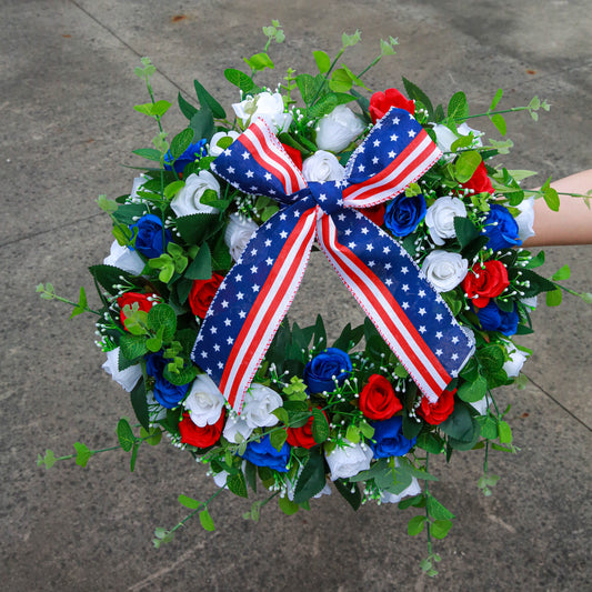Independence Day Artificial flower Red White and Blue Wreath Memorial Day Flag Day Hanging Decorations Holiday Wreath
