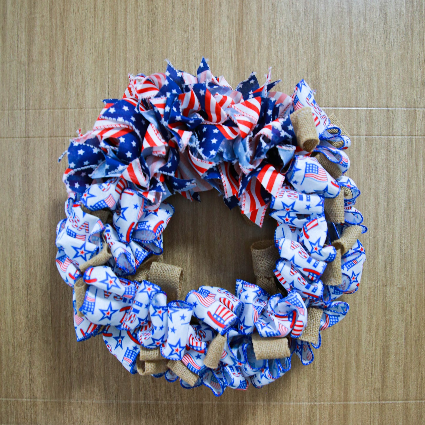 July 4th Wreath Patriotic Americana Wreath Handcrafted Memorial Day Wreath Festival Garland Decoration Front Door Wall Home Decor (Blue)