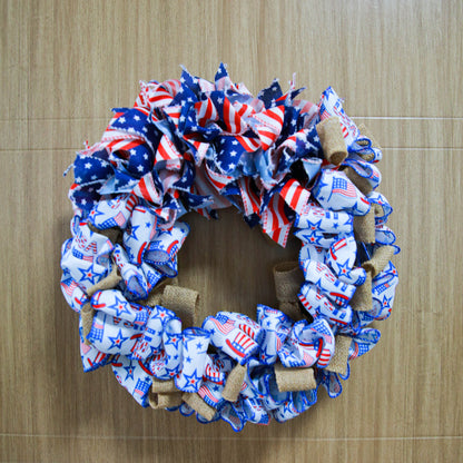 July 4th Wreath Patriotic Americana Wreath Handcrafted Memorial Day Wreath Festival Garland Decoration Front Door Wall Home Decor (Blue)