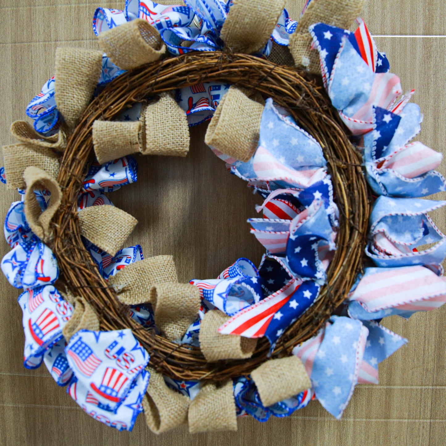 July 4th Wreath Patriotic Americana Wreath Handcrafted Memorial Day Wreath Festival Garland Decoration Front Door Wall Home Decor (Blue)