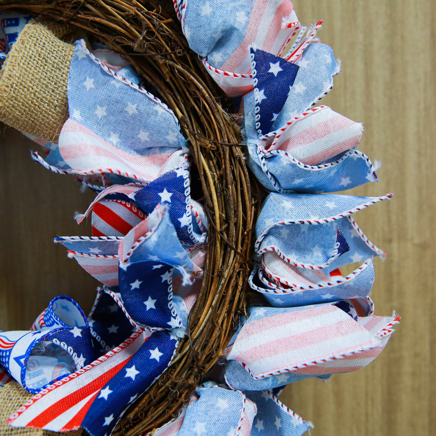 July 4th Wreath Patriotic Americana Wreath Handcrafted Memorial Day Wreath Festival Garland Decoration Front Door Wall Home Decor (Blue)